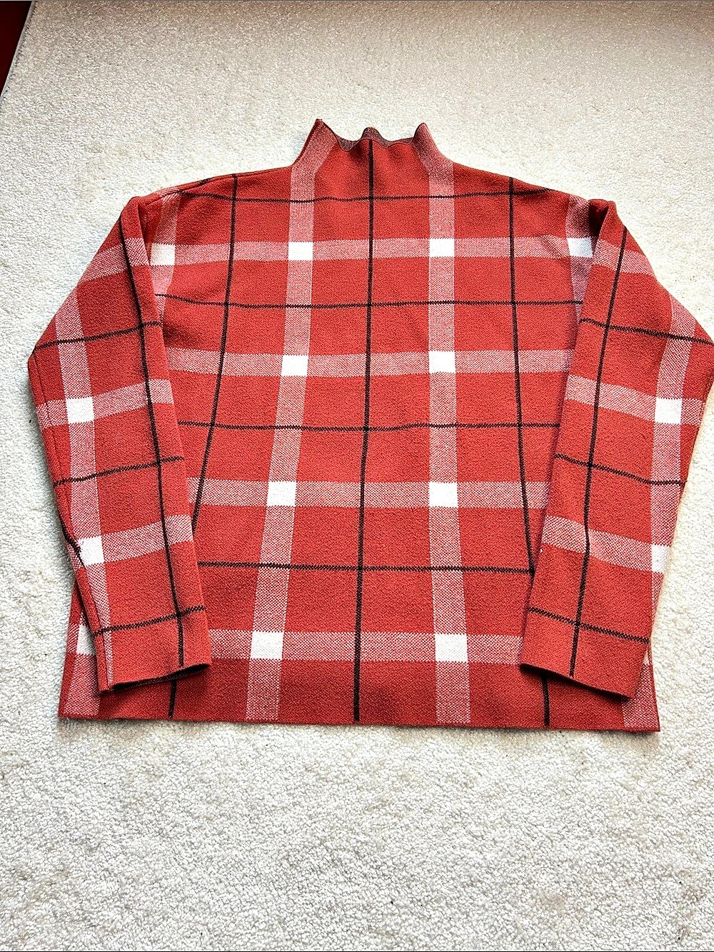 Jones New York Plaid Jacquard Mock Neck Sweater Red & White Medium